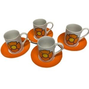 4 Vintage Kitschy Coffee Mugs And SaucersJapan 60s Retro Flower Eclectic